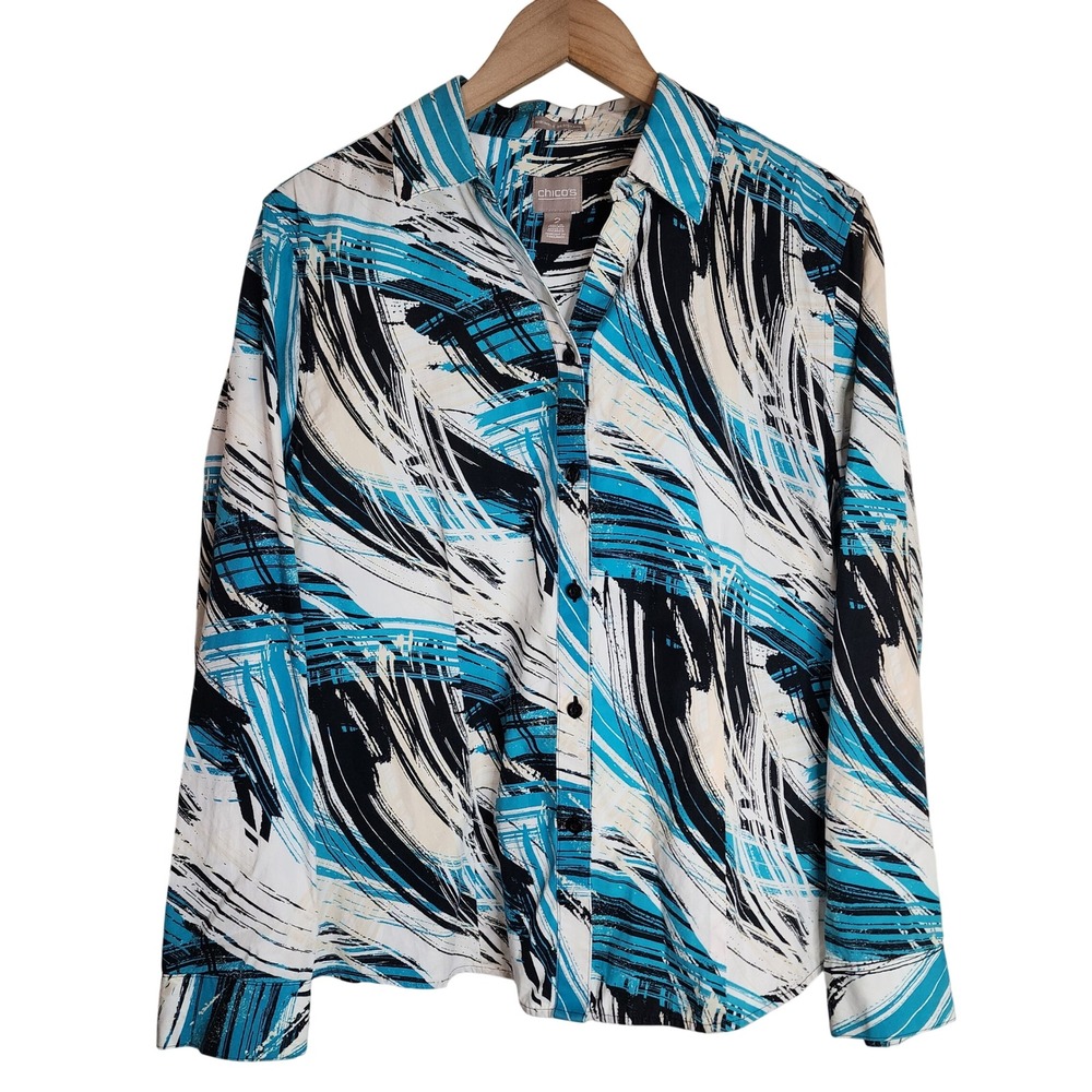 Chico's Button Up‎ Women's 2 (L) Wrinkle Resistant Long Sleeve Artsy Blue Black